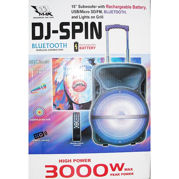 DJ MAX BOCINA AMPLIFICADA 15" RECARGABLE / 3000 WATTS / BLUETOOTH / USB / MICRO SD