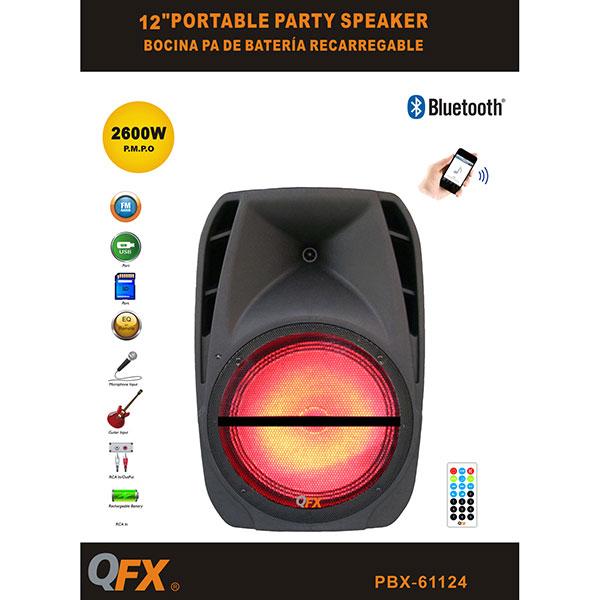 Qfx Bocina Amplificada 12" Recargable,  Radio Fm,  Usb,  Sd,  Aux,  Bluetooth